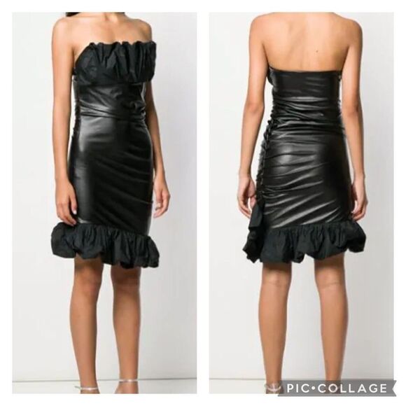 Pinko Black Faux Leather Strapless‎ Dress Ruffle Trim Size 4 - Picture 1 of 16